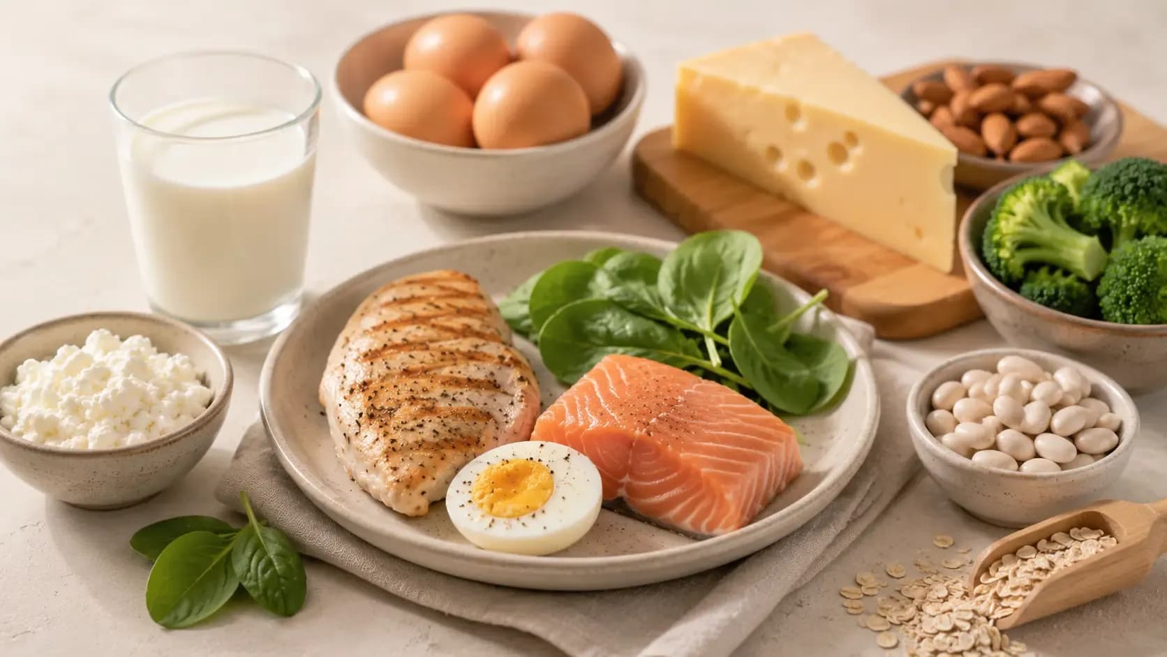 Мясо, яйца и творог на столе