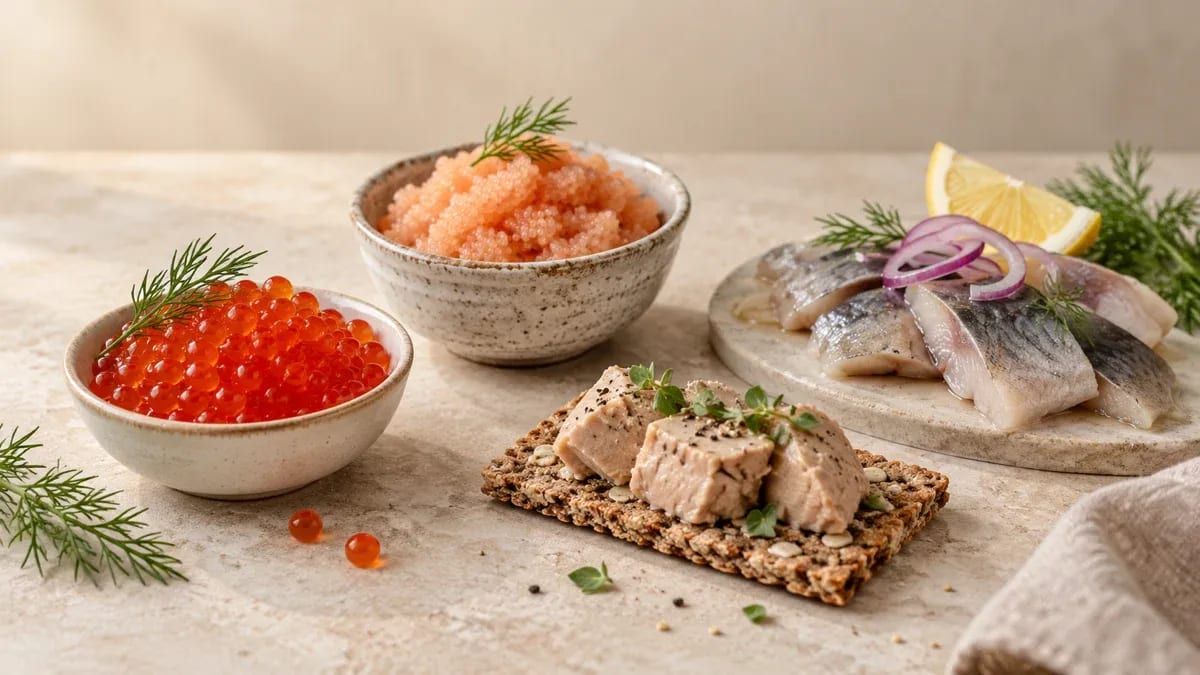 Красная икра в стеклянной банке рядом с рыбой