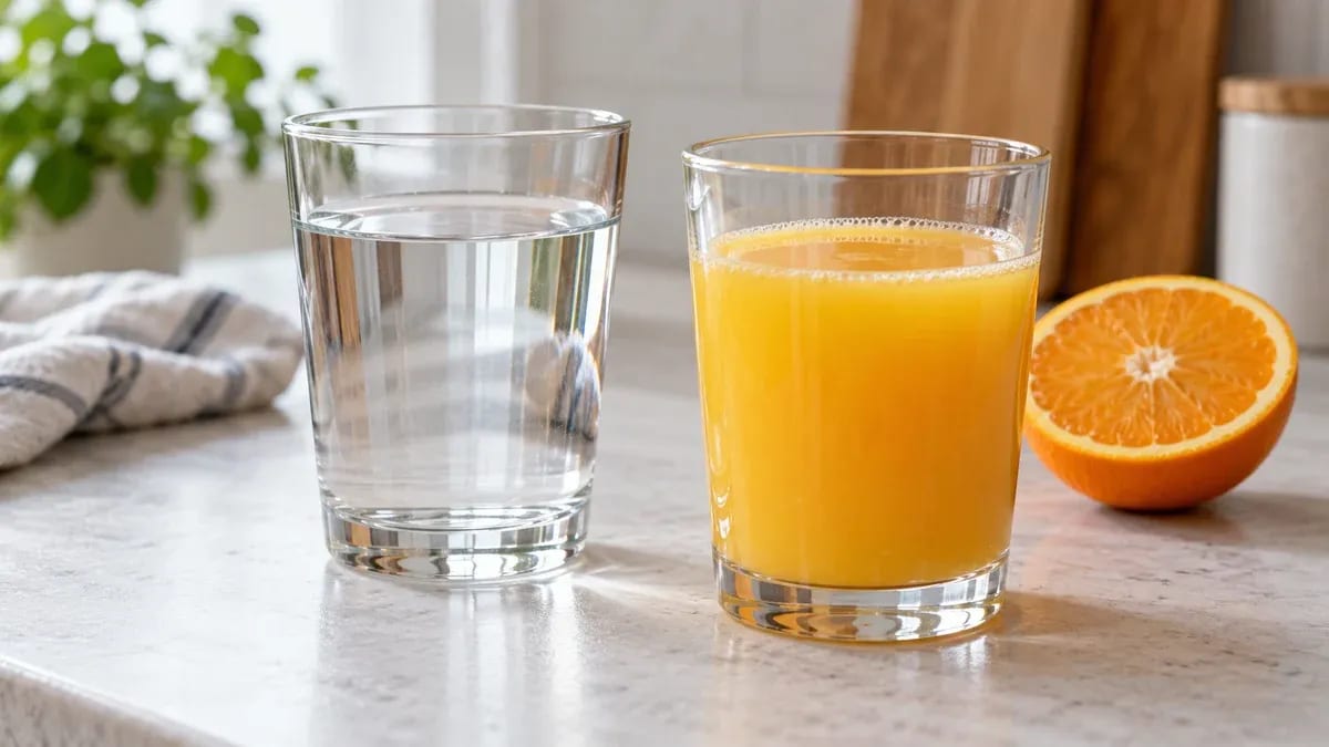 Стаканы воды и апельсинового сока рядом с половинкой апельсина