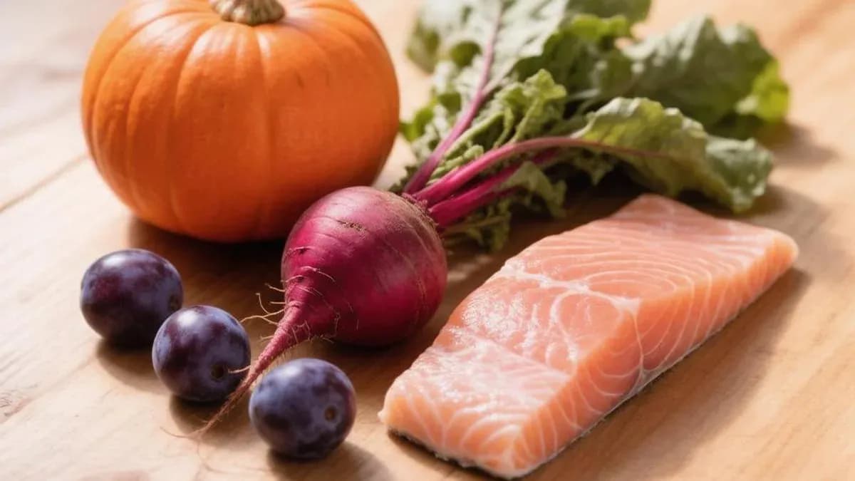 Тыква, свёкла, сливы и филе рыбы на кухонном столе