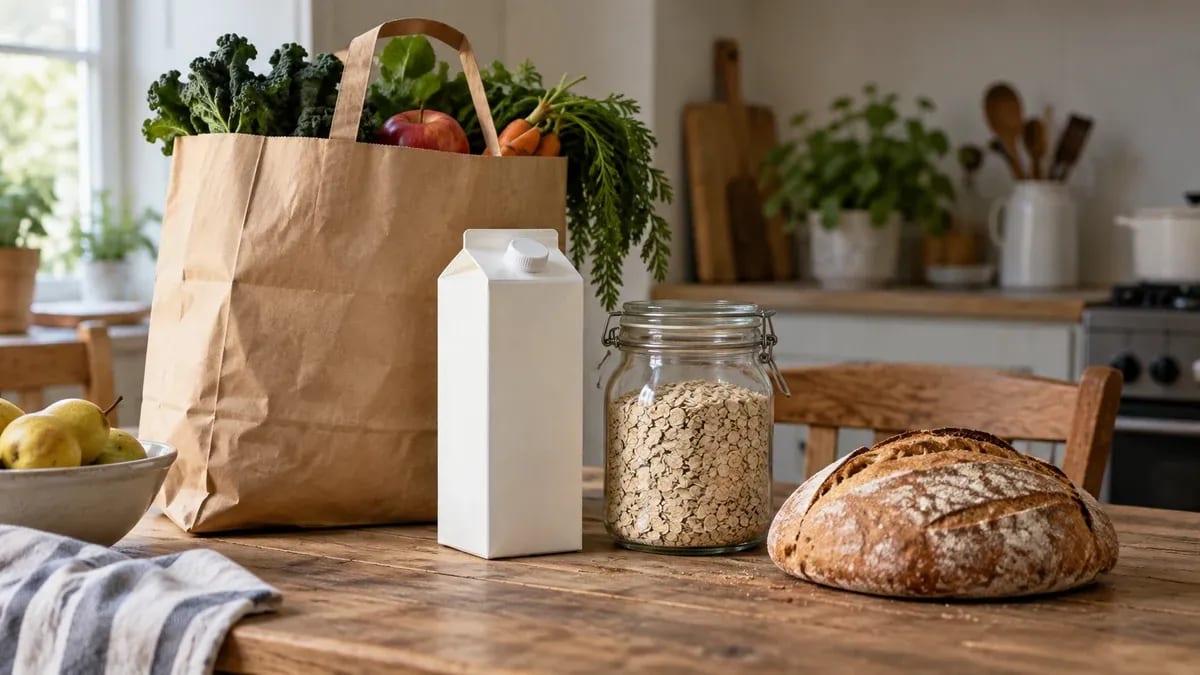 Пакет с продуктами, белая упаковка молока, банка овсяных хлопьев и хлеб