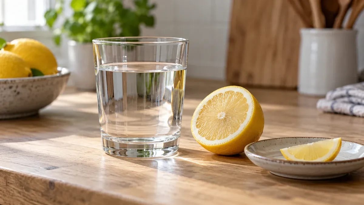 Стакан воды рядом с половинкой лимона и долькой на блюдце